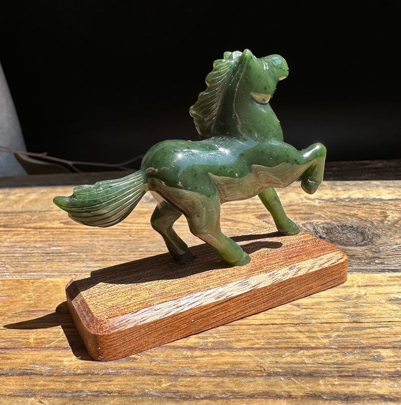 Canadian Nephrite Jade Horse on Wood Base 3"