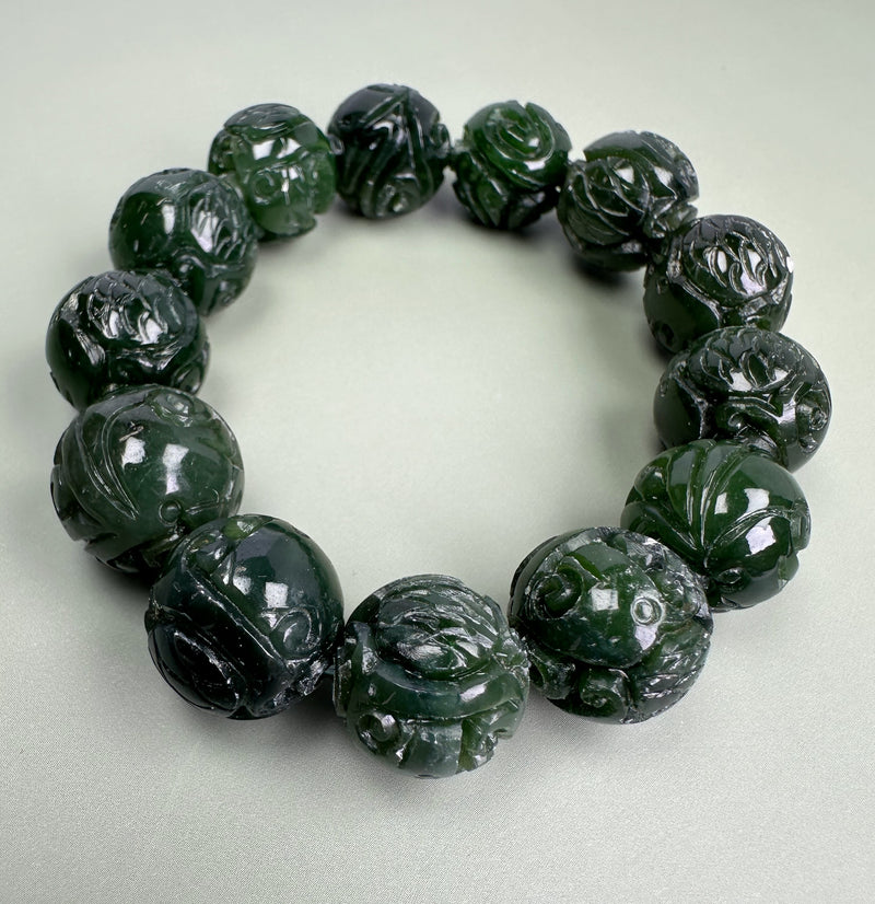 Nephrite Jade Bead Bracelet, 15.5mm carved beads*