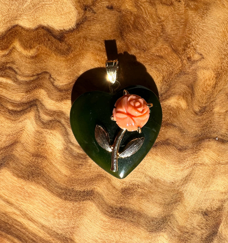 Vintage Jade Heart and Coral Pendant 20mm