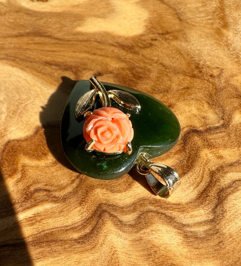 Vintage Jade Heart and Coral Pendant 20mm