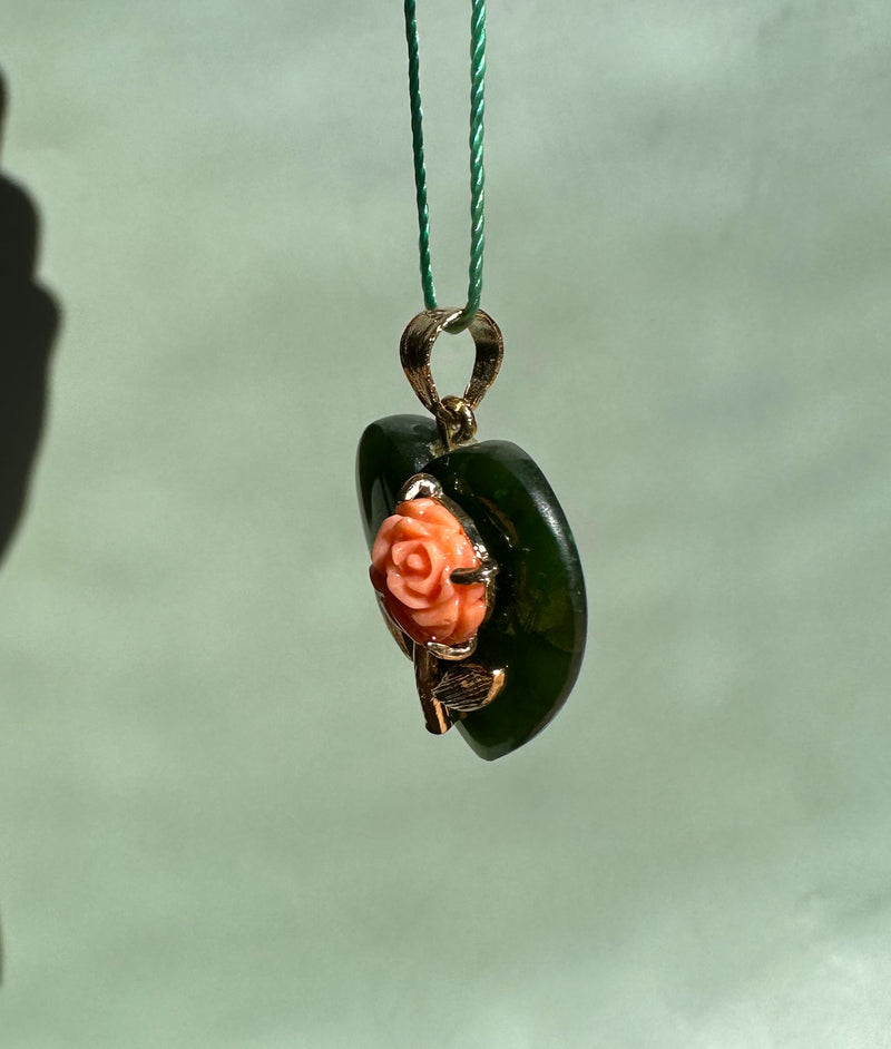 Vintage Jade Heart and Coral Pendant 20mm