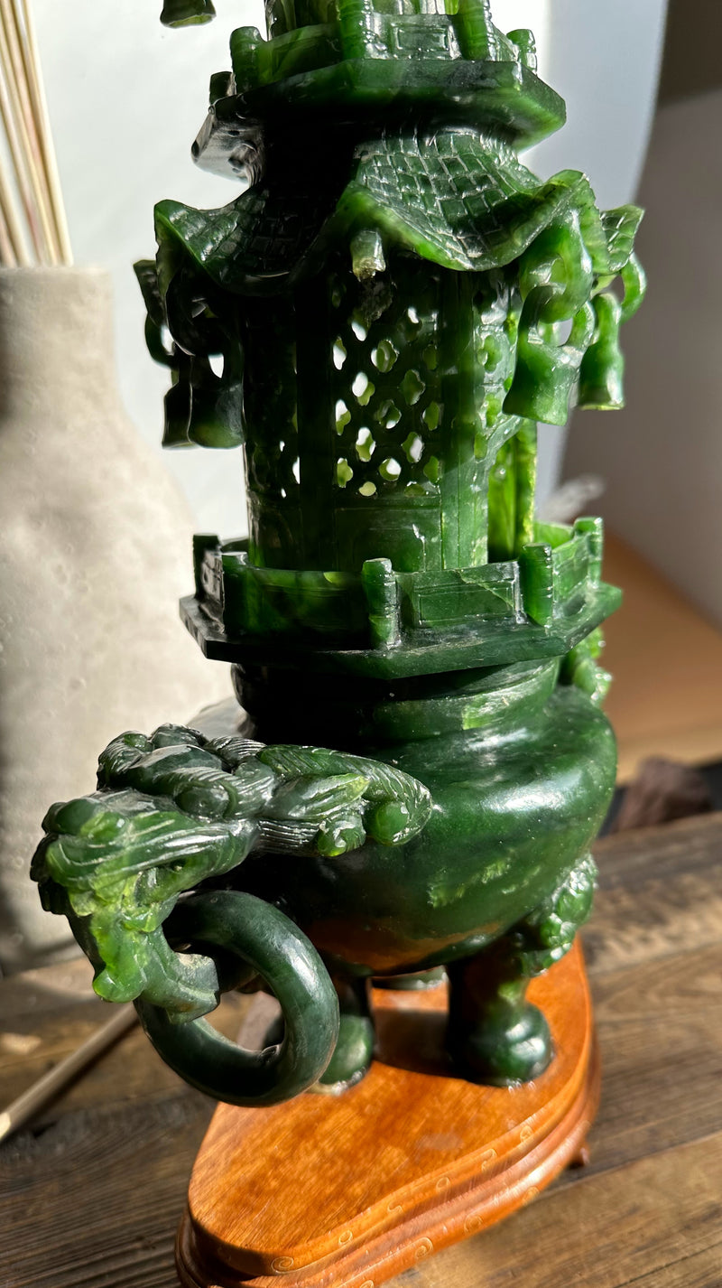 Large Jade Tripod Censer and Cover, 13" As Is