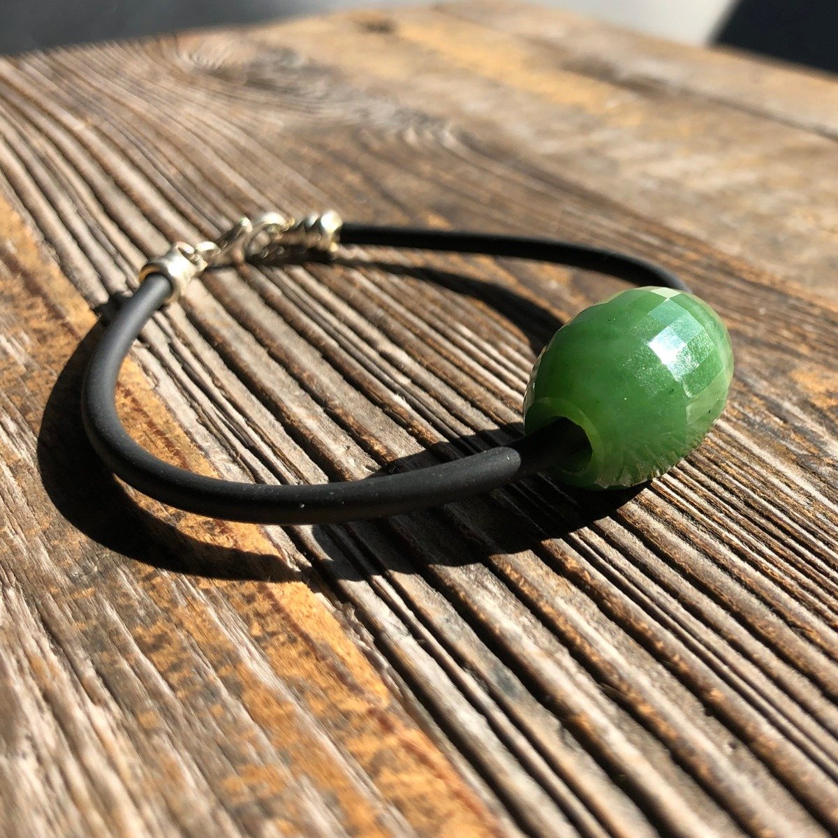 Faceted Jade Bead on Rubber Cord Bracelet with Threaded Sterling