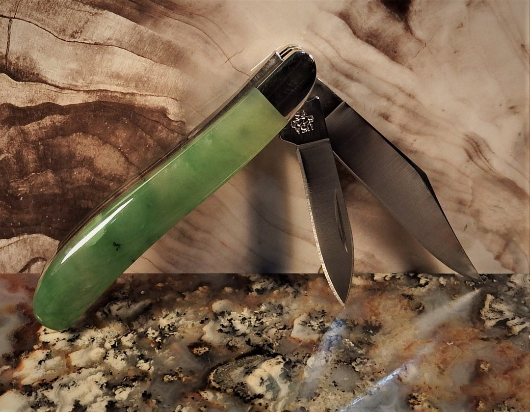 Ogden Jade Knife by Michael Hoover number 22 with green jade handle and two blades extended