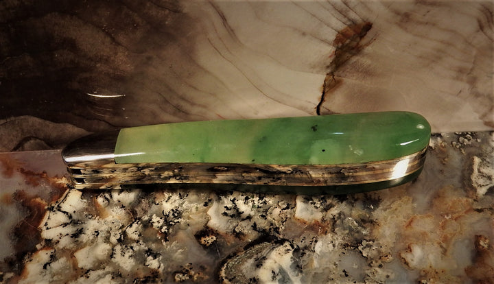 Ogden Jade Knife by Michael Hoover number 22 with green jade handle and metal bolsters in closed position