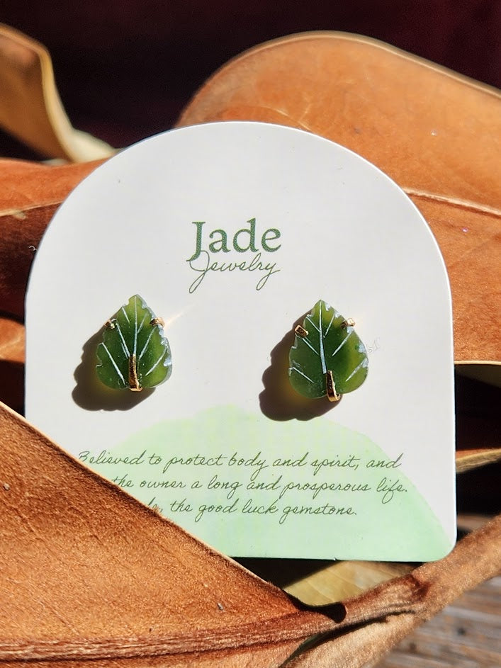 Vintage Jade Leaf Stud Earrings