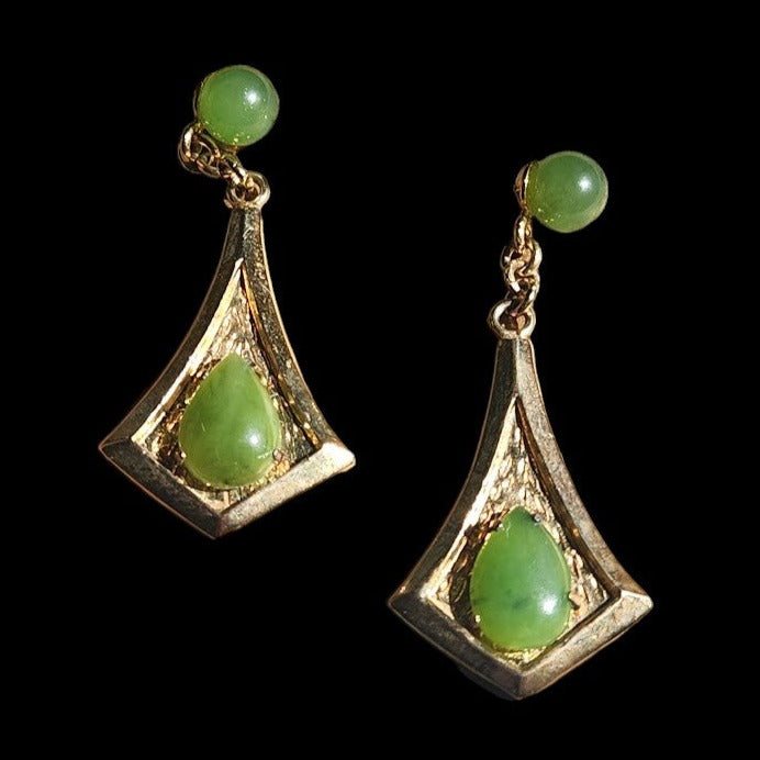 Vintage Jade Drop Earrings with a gold triangular frame and green teardrop centerpiece against a black background