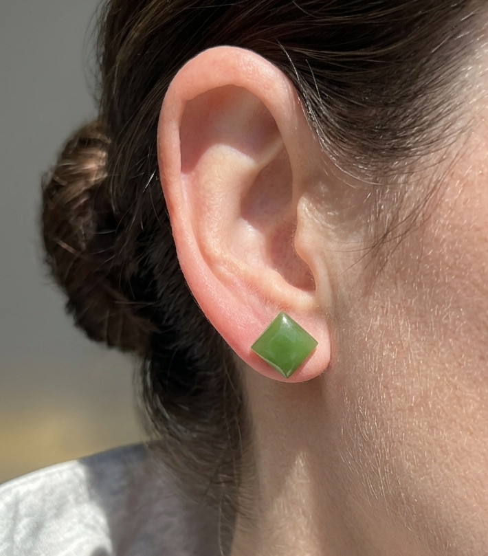 Green jade square stud earring 8mm worn on the earlobe