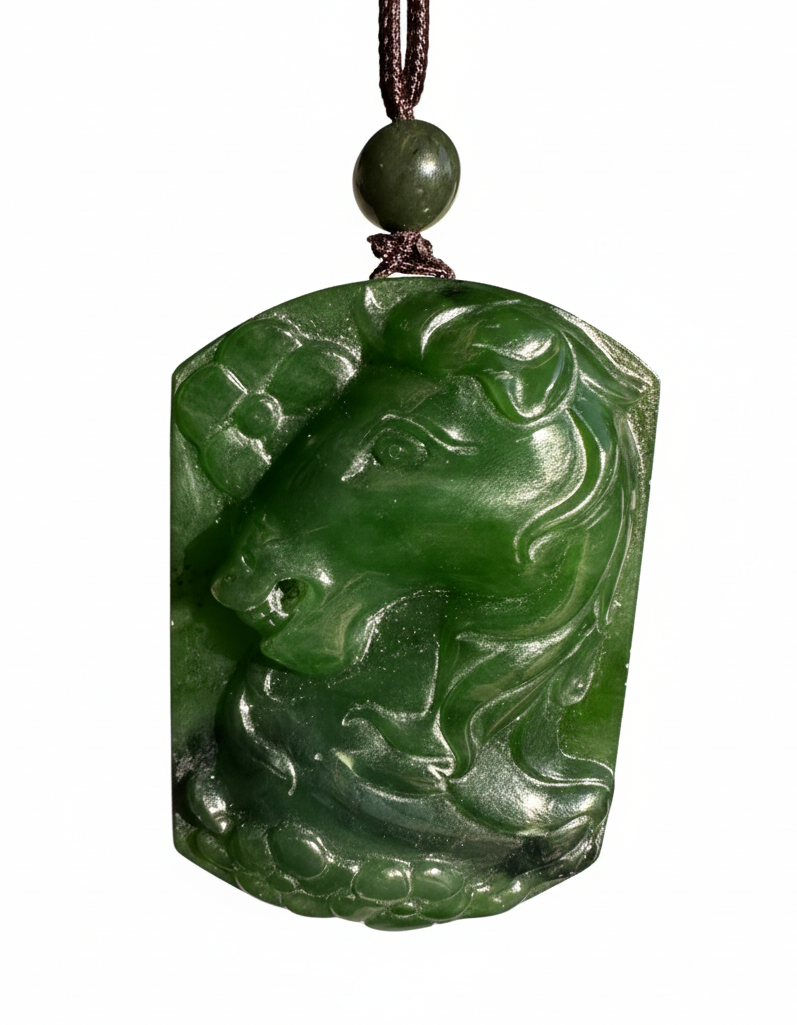 Jade horse pendant carved from green nephrite with a brown cord