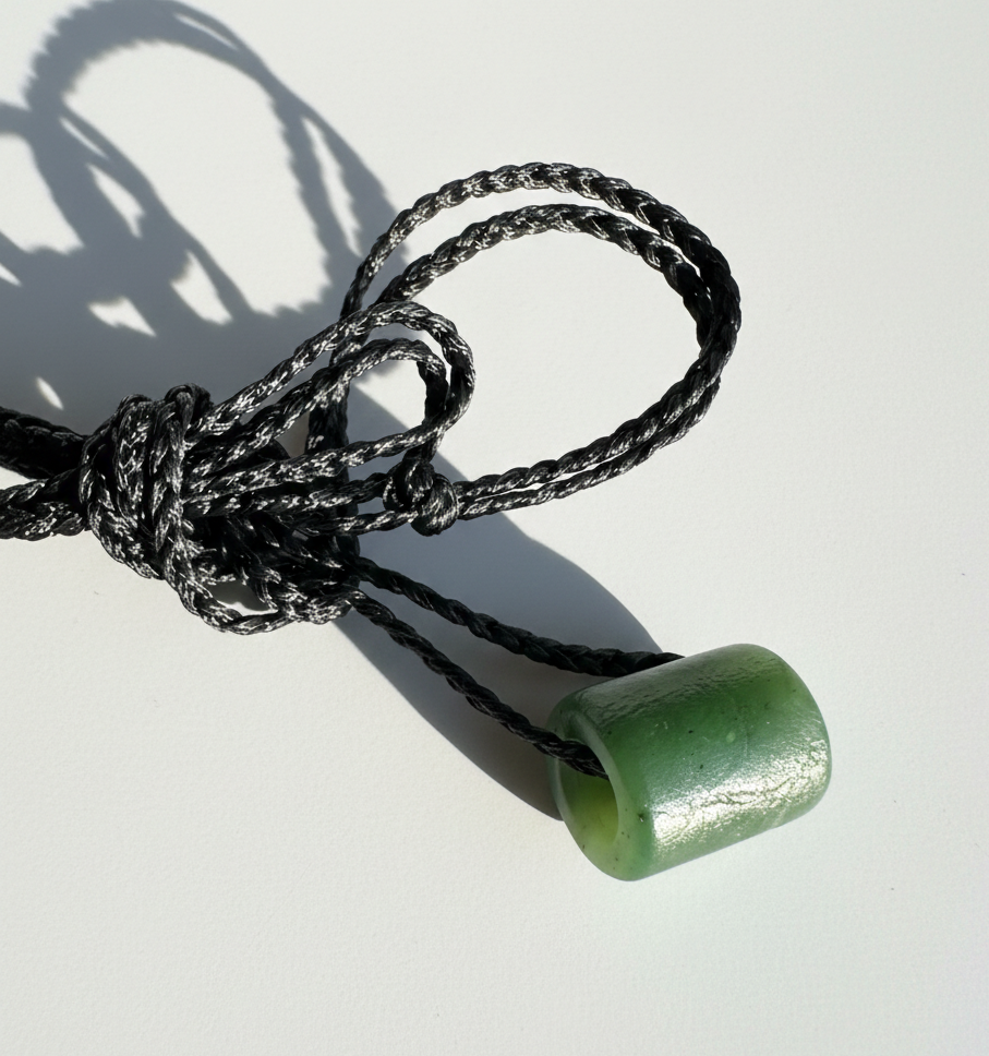 Canadian Jade textured bead pendant 12x14mm with a green cylindrical bead on a black braided cord