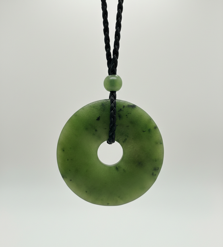 Green jade donut pendant on a black braided cord with a small green bead
