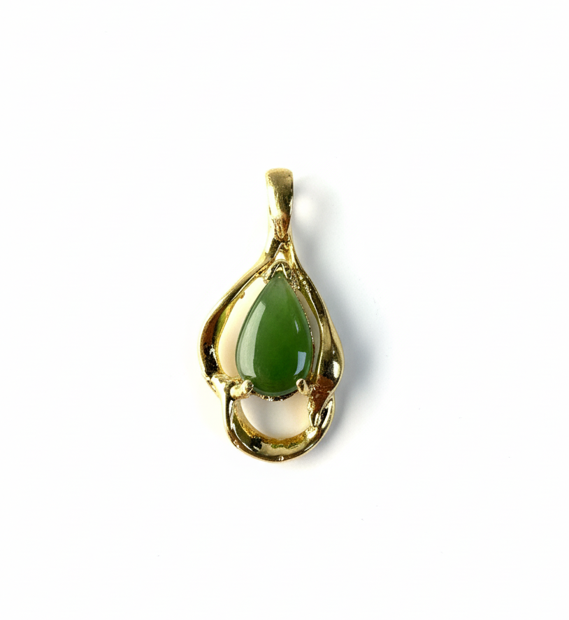 Small vintage Canadian nephrite jade teardrop pendant in a gold plated setting