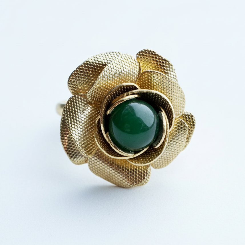 Vintage gold tone rose ring with textured petals and a green jade cabochon center.