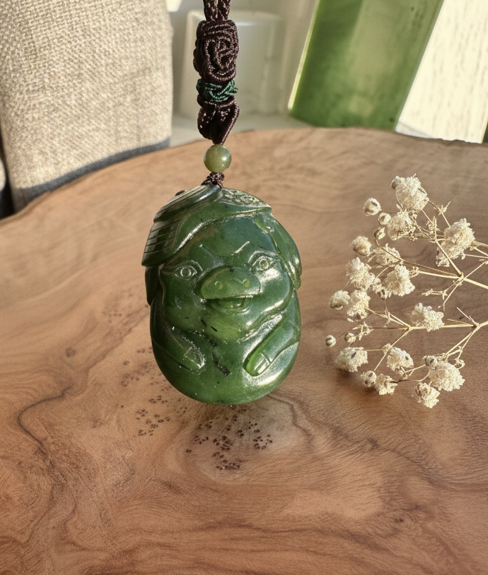 Hand carved Canadian jade pig pendant on brown braided cord with a green bead, 46mm resting on a wooden surface.