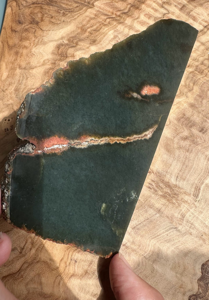 Wyoming Jade Slab 105g dark green with a rusty seam across the middle and jagged edge held by fingers over wood.
