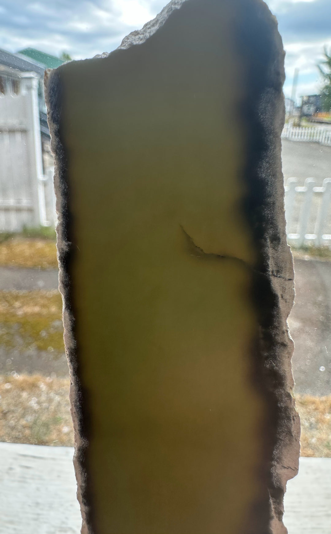 Wyoming Slab 50g with dark glossy core and pale rough rind on a wooden surface outdoors.