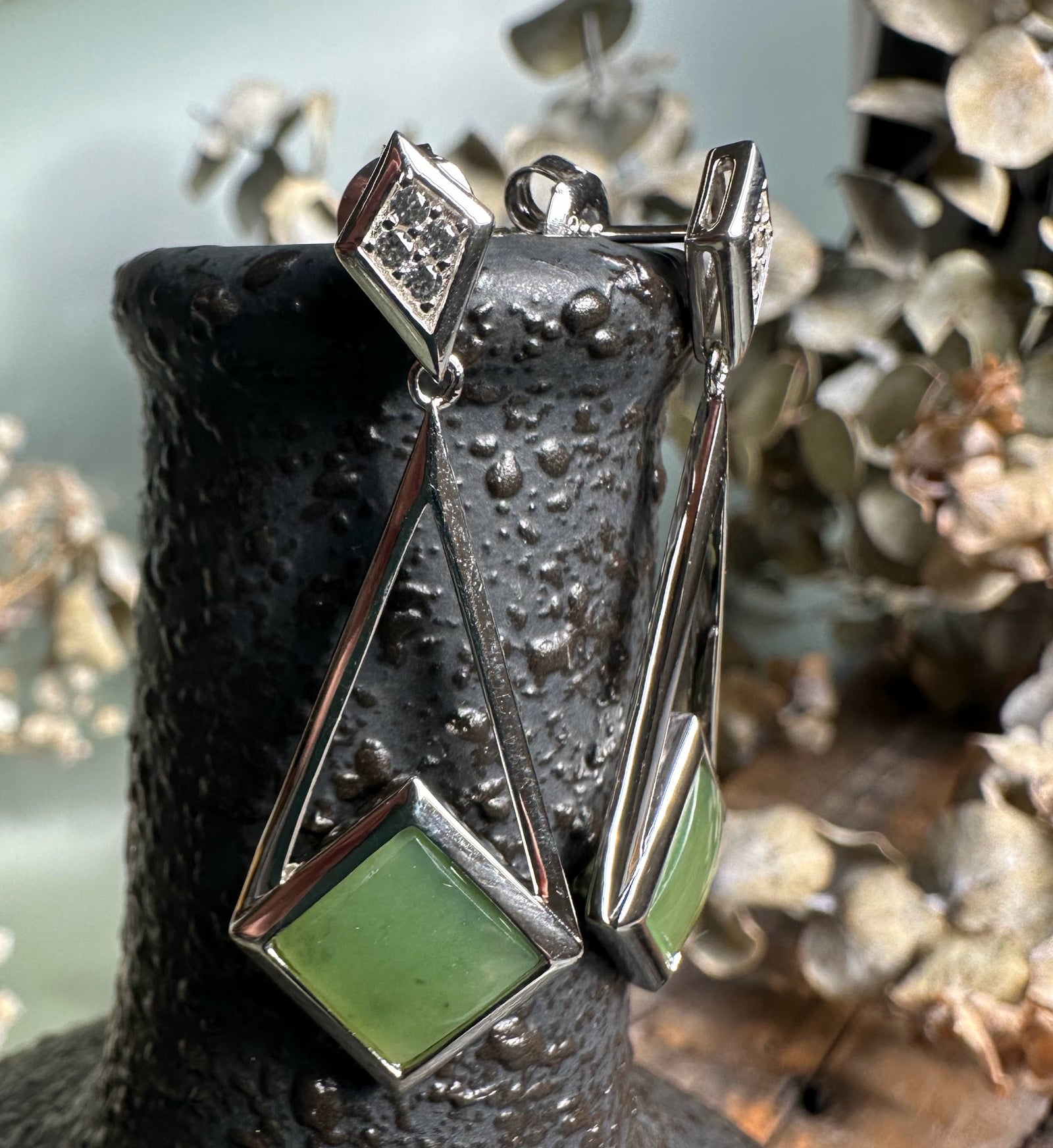 Canadian Nephrite Jade Drop Earrings with green square jade set in a geometric silver frame