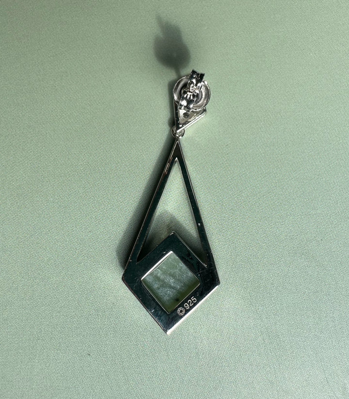Sterling 925 vintage drop earring with open triangular silver frame and green nephrite jade inset