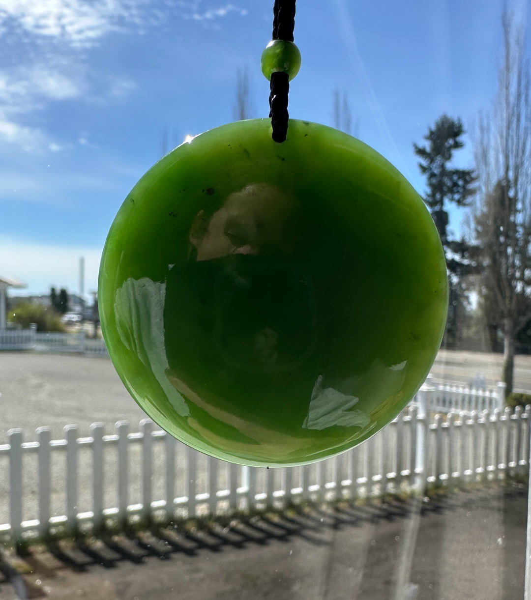 Green spherical object with a black cord against a blue sky and white fence background