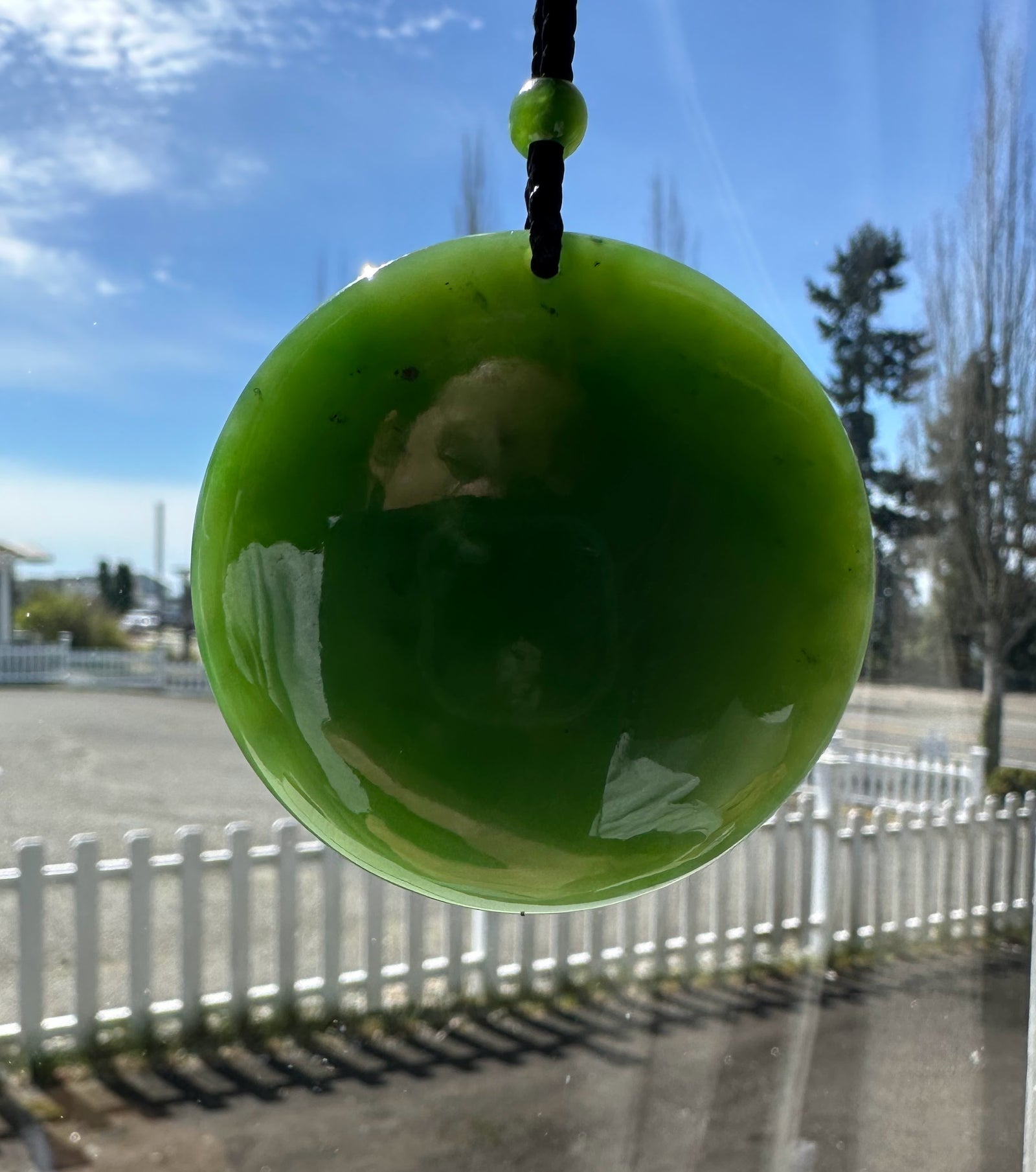 Green spherical object with a black cord against a blue sky and white fence background