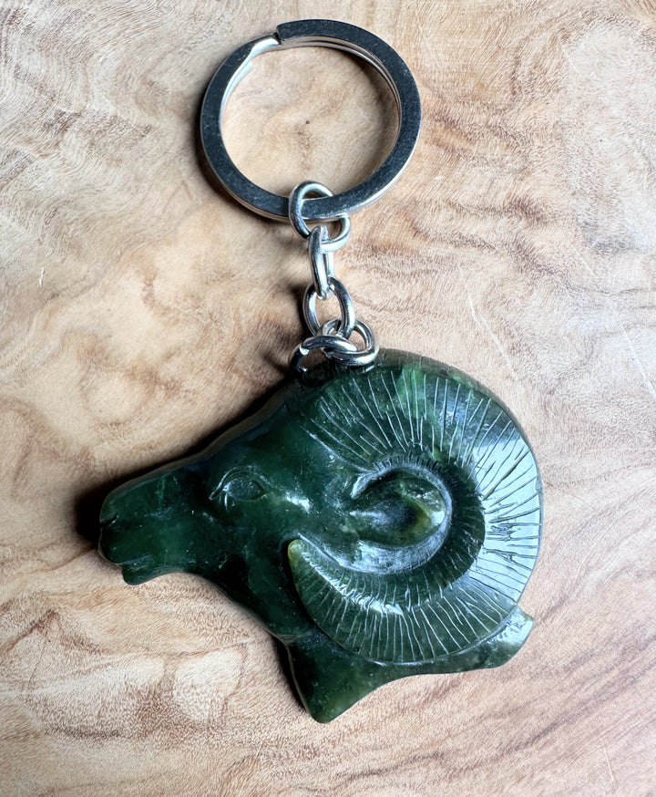 jade ram keychain on wood base