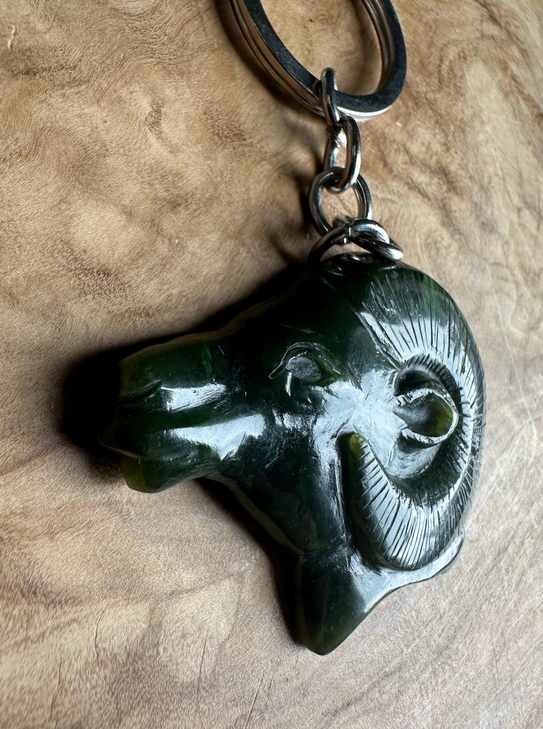 Keychain with ram head design on a wooden surface