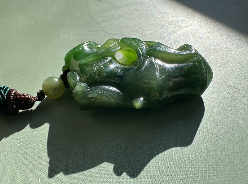 A+ Canadian Jade Bamboo and Bat Pendant, 39mm*