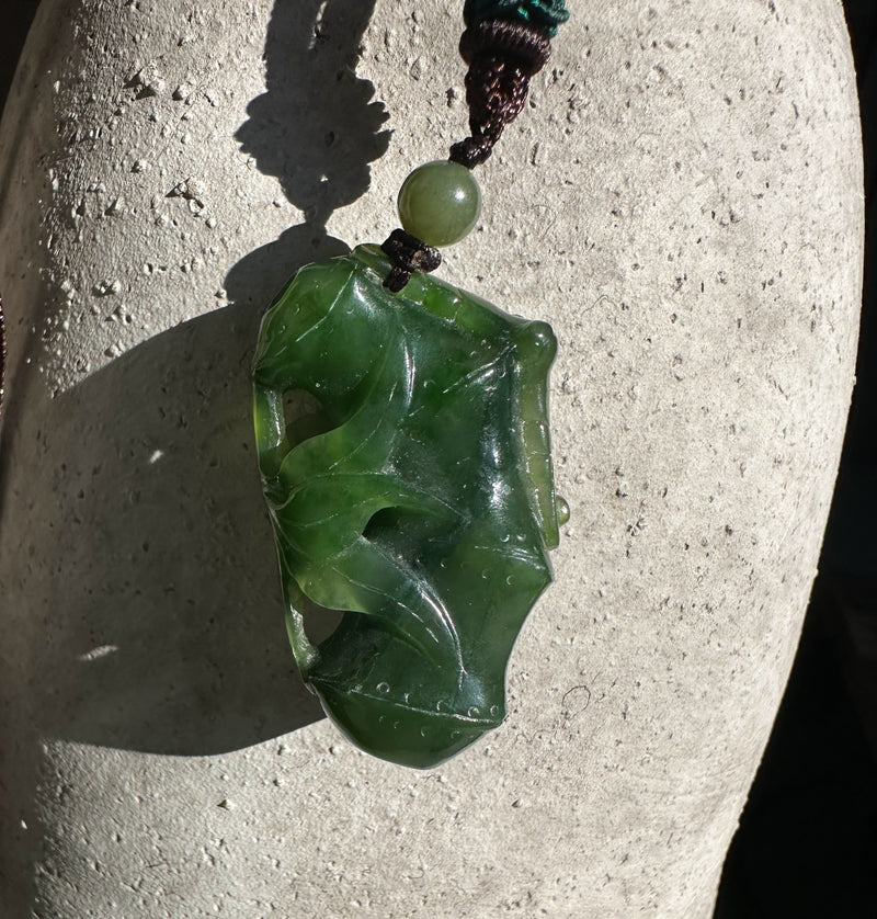 A+ Canadian Jade Bamboo and Bat Pendant, 39mm*