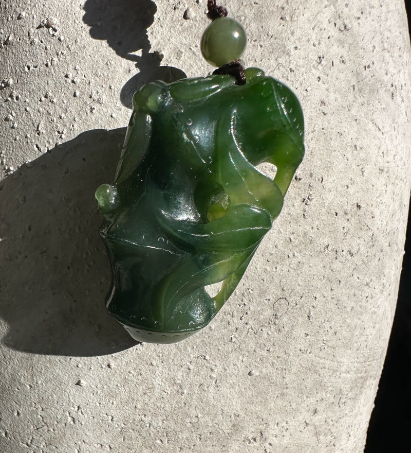 A+ Canadian Jade Bamboo and Bat Pendant, 39mm*