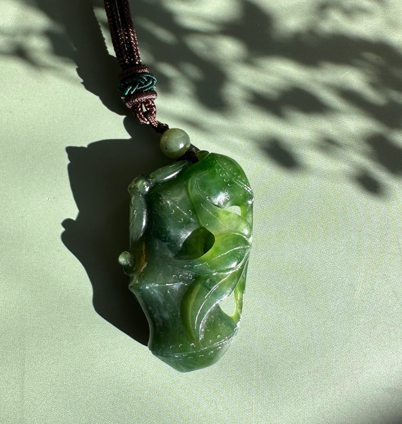 A+ Canadian Jade Bamboo and Bat Pendant, 39mm*