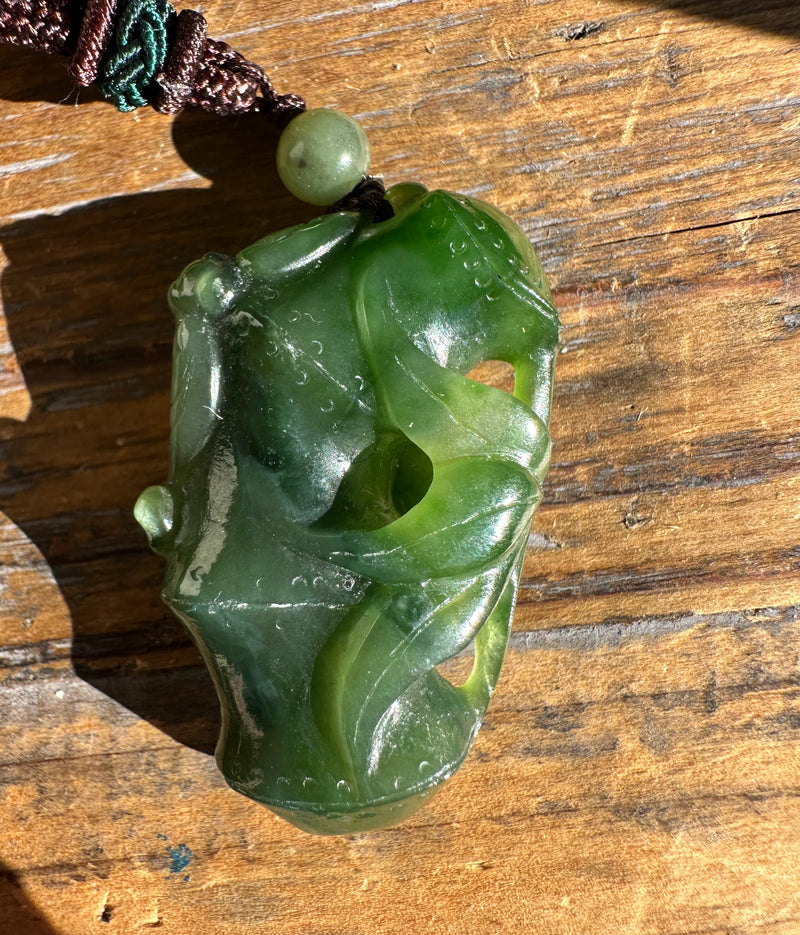 A+ Canadian Jade Bamboo and Bat Pendant, 39mm*