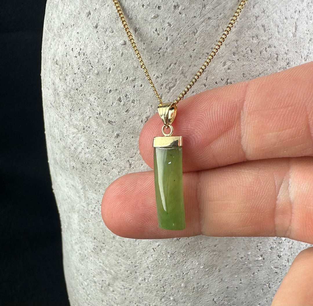 Vintage Rectangle Drop Pendant 30mm with olive green rectangular stone and gold cap on a gold chain
