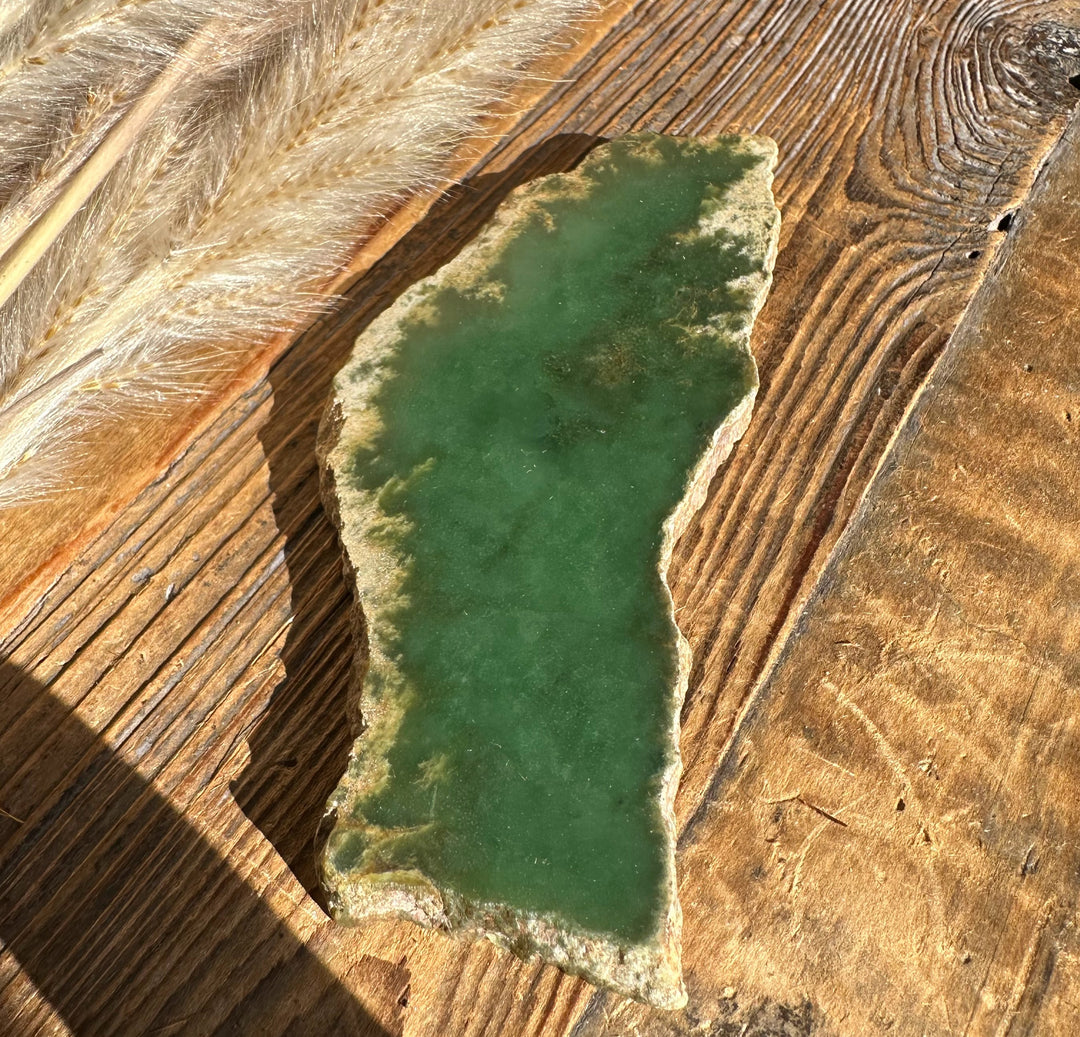 Wyoming Apple green stone shard with glossy surface and pale beige edge on a wooden surface beside dried grasses.