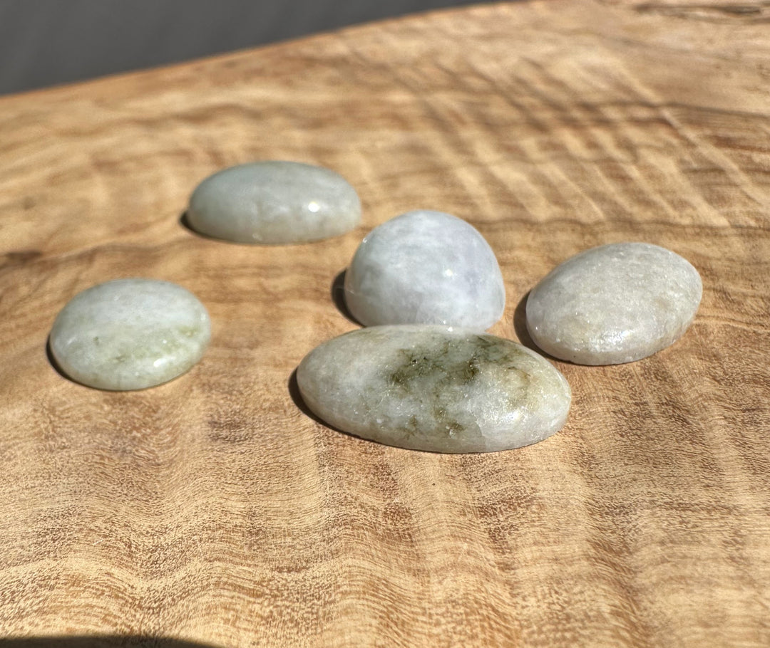 Two pale jadeite cabochons with a quarter for scale on a gray background