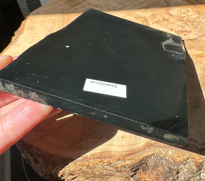 Close up of Black Wyoming Jade slab held by a finger with a white WYOMING label visible.