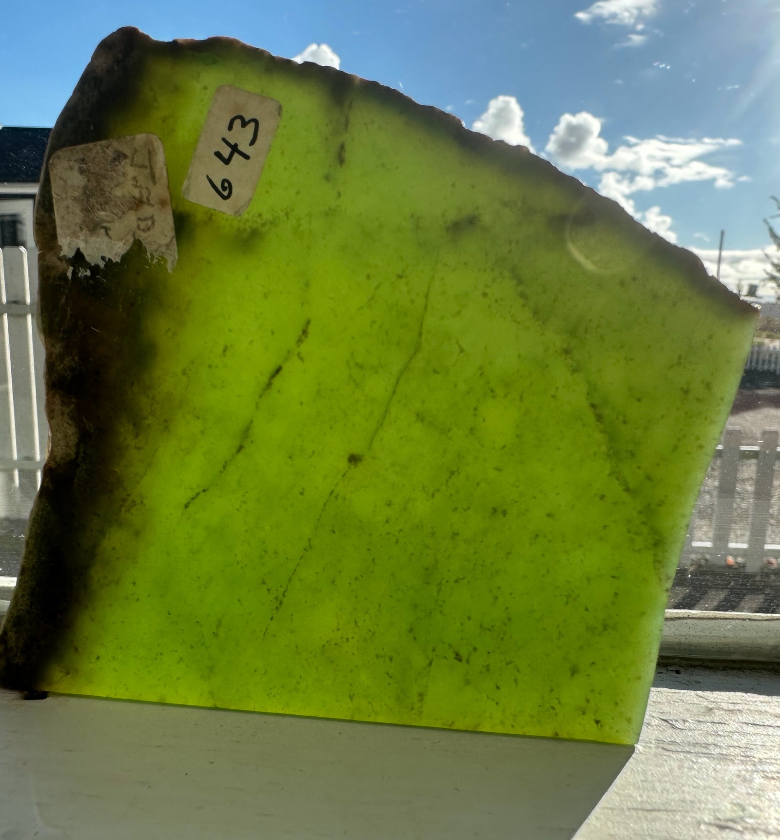 Neon green Wyoming Apple mineral slab photographed against a window with blue sky