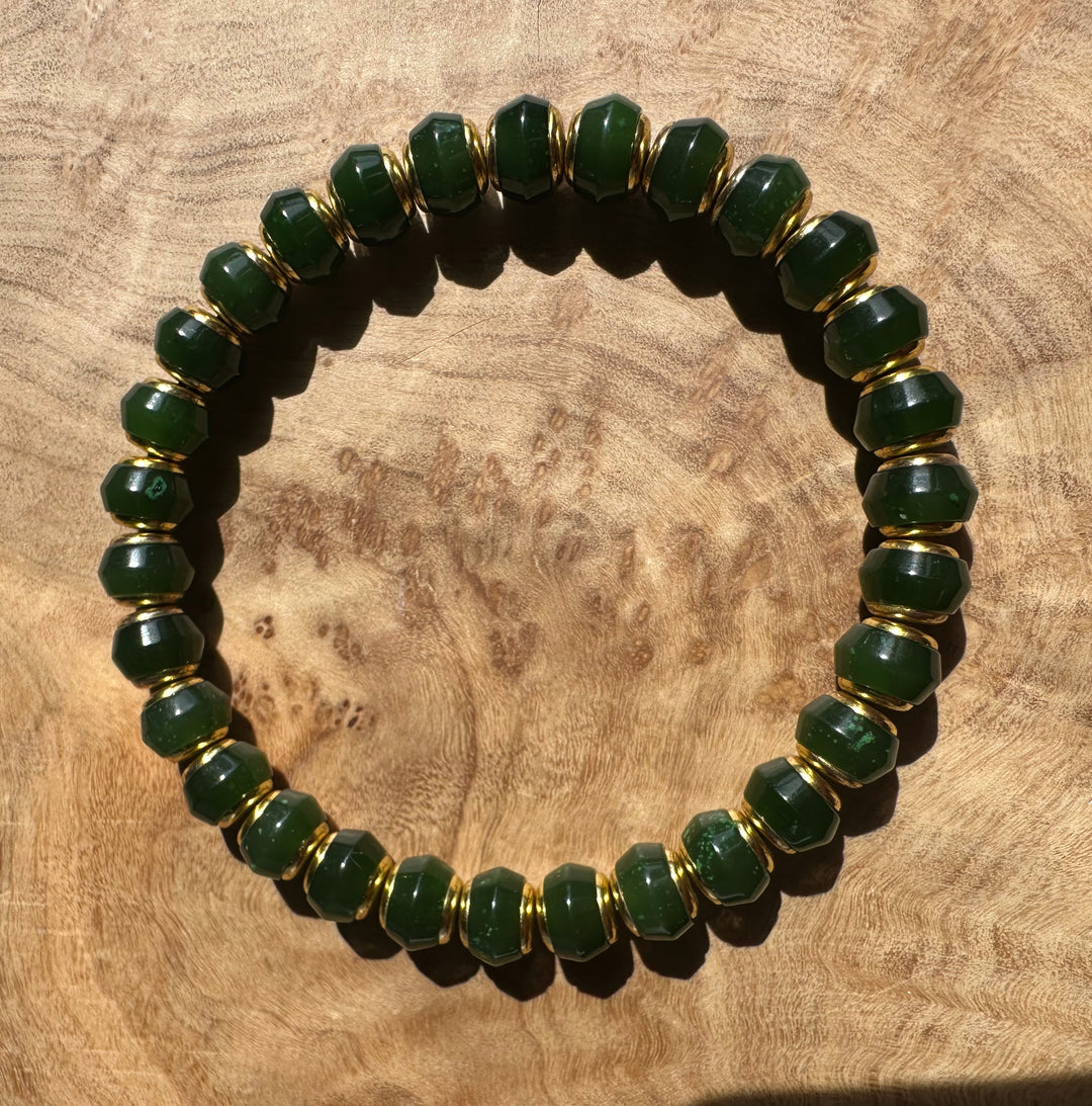 Dark green Canadian jade bead bracelet with 8mm beads and gold spacers