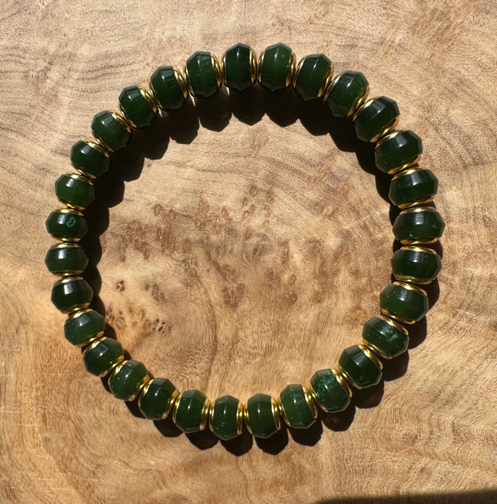 Dark green Canadian jade bead bracelet with 8mm beads and gold spacers