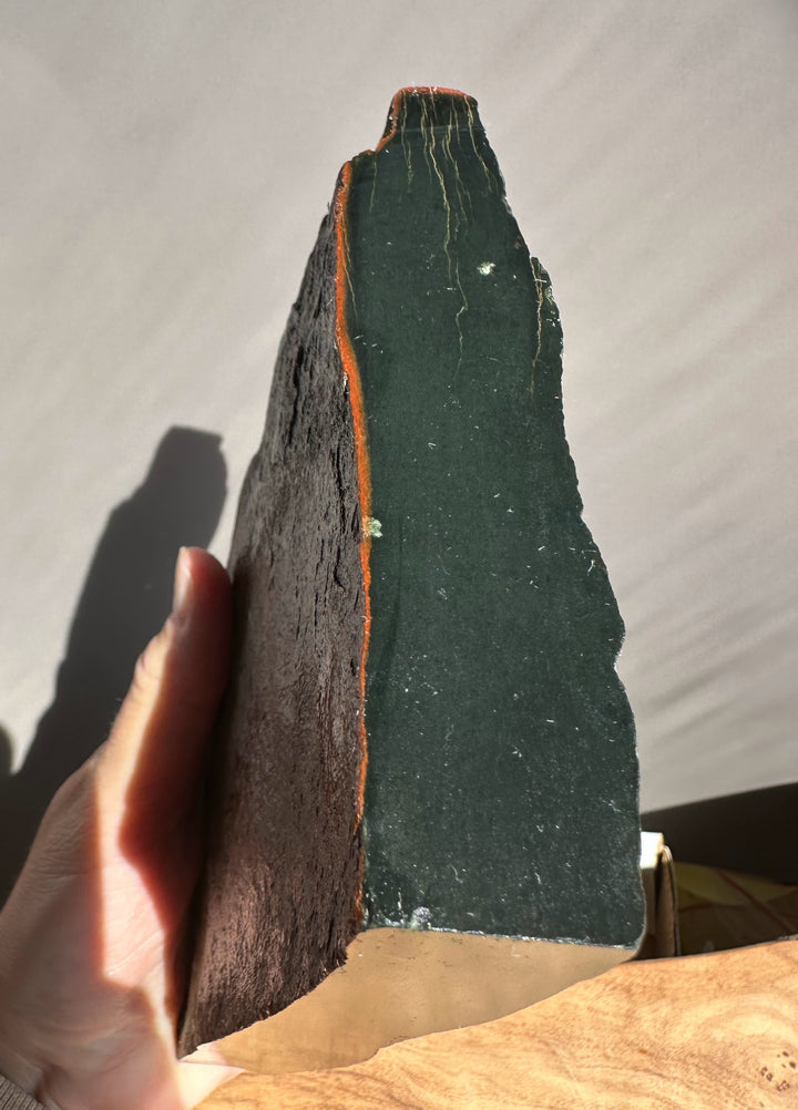 Person holding a dark green jade with a brownish red edge against a neutral background