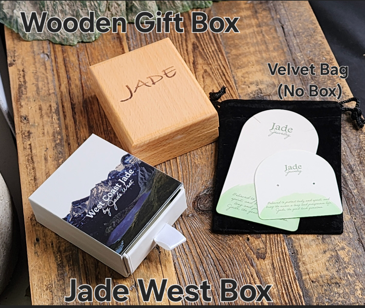 Nephrite Jade Earrings in stainless with a wooden gift box and velvet bag packaging