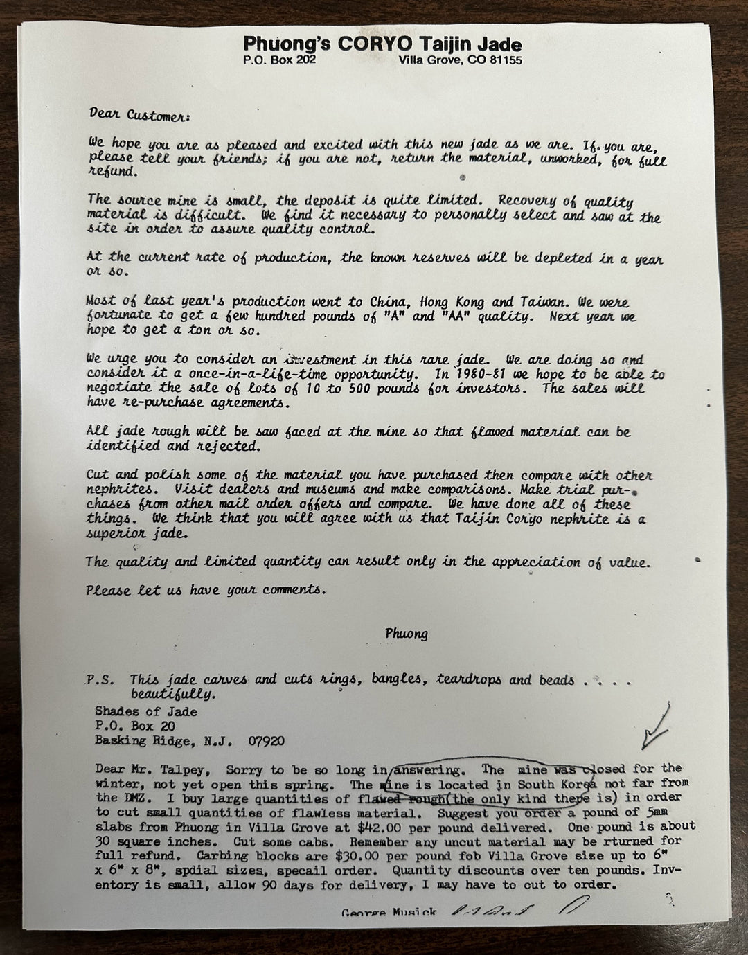 Phuong Coryo Taijin Jade letter on white paper with dense handwritten notes