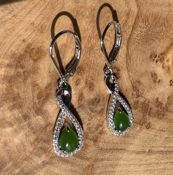 Leverback Canadian Jade and Silver Infinity Twist Earrings with green jade teardrops framed by pavé crystal halos