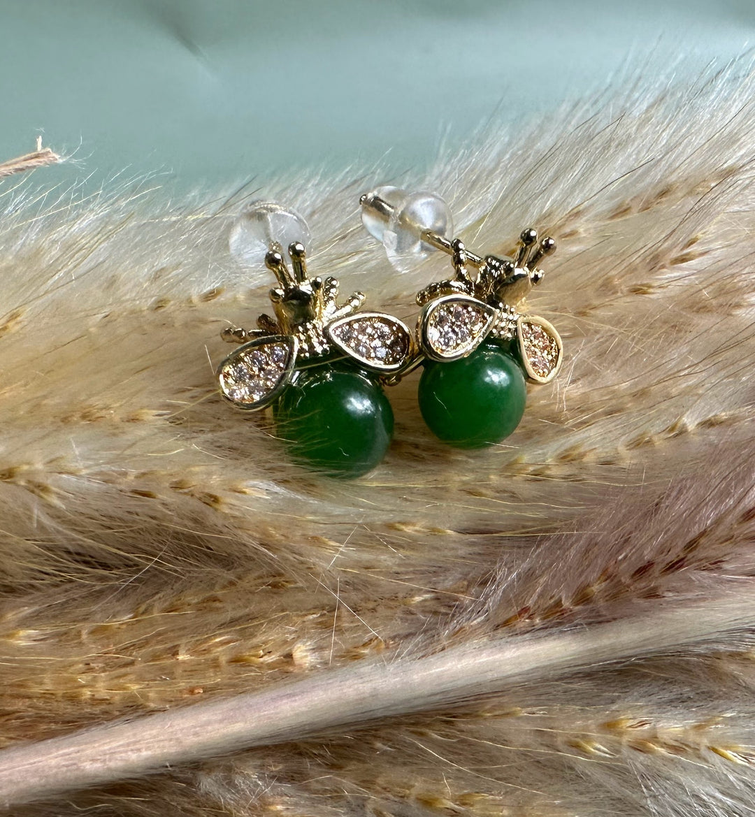 Jade Bee Earrings with green jade bodies and diamond studded bee wings on gold settings