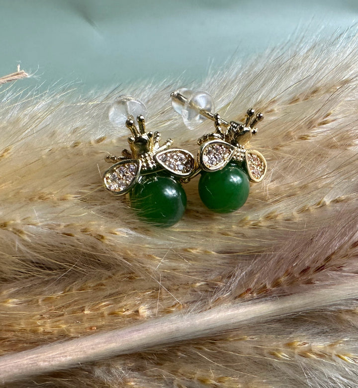 Jade Bee Earrings with green jade bodies and diamond studded bee wings on gold settings