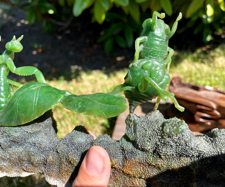 Green praying mantis figurines on a branch with a blurred natural background