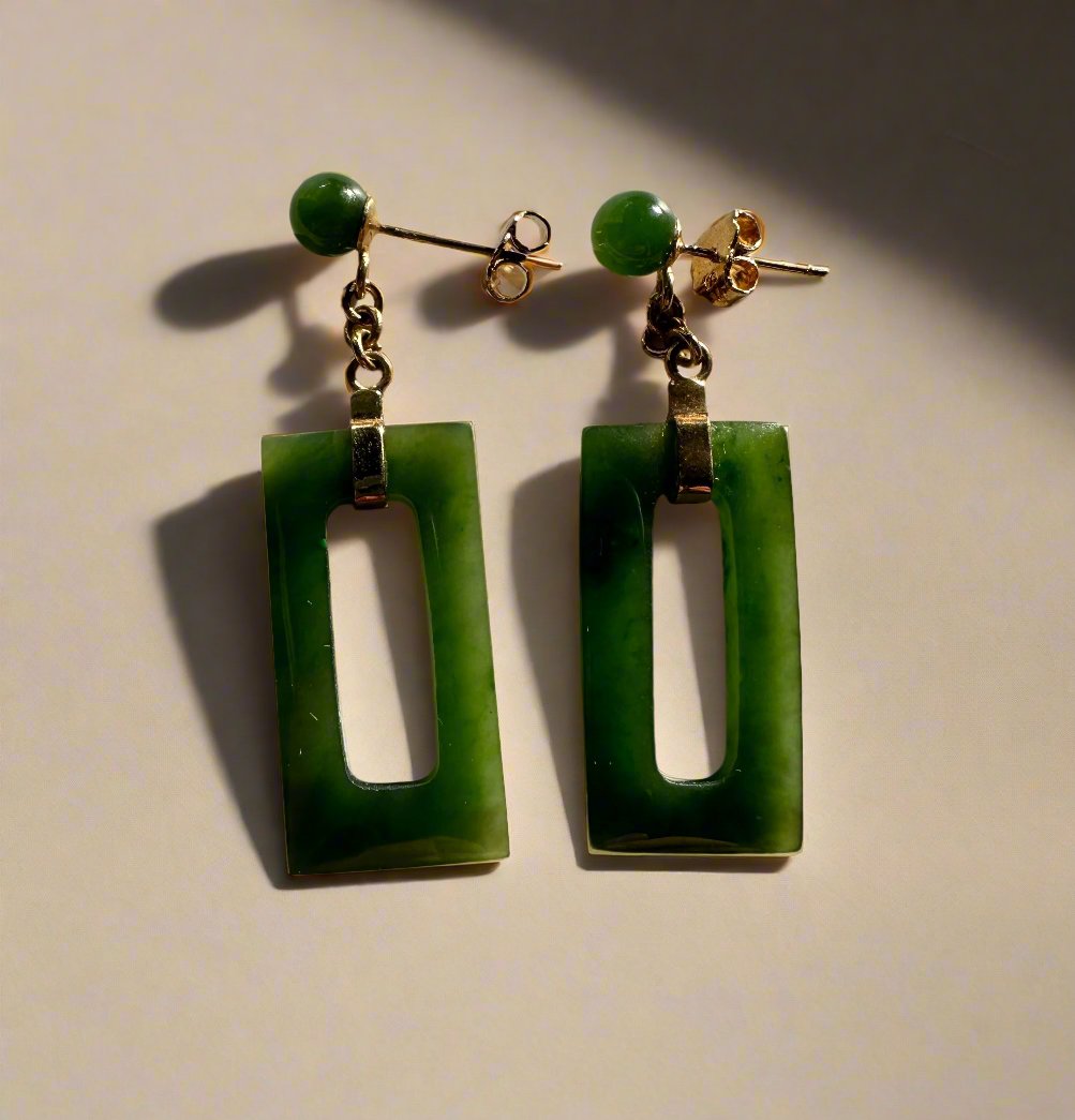 Vintage jade rectangle drop earrings with round green bead posts and hollow green rectangular pendants