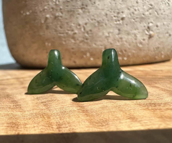Green jade whale tail stud earrings 15mm pair