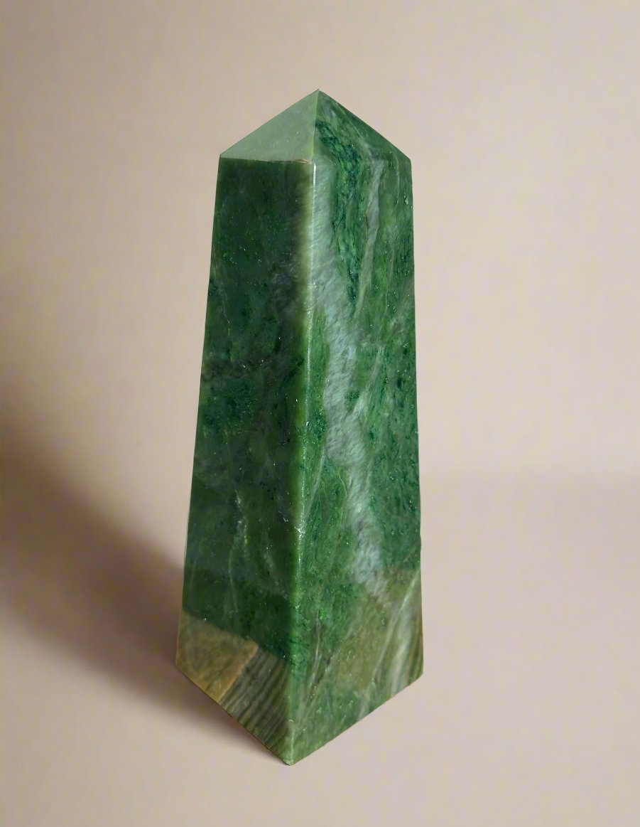 Canadian jade obelisk with a pointed top and rich green marbling