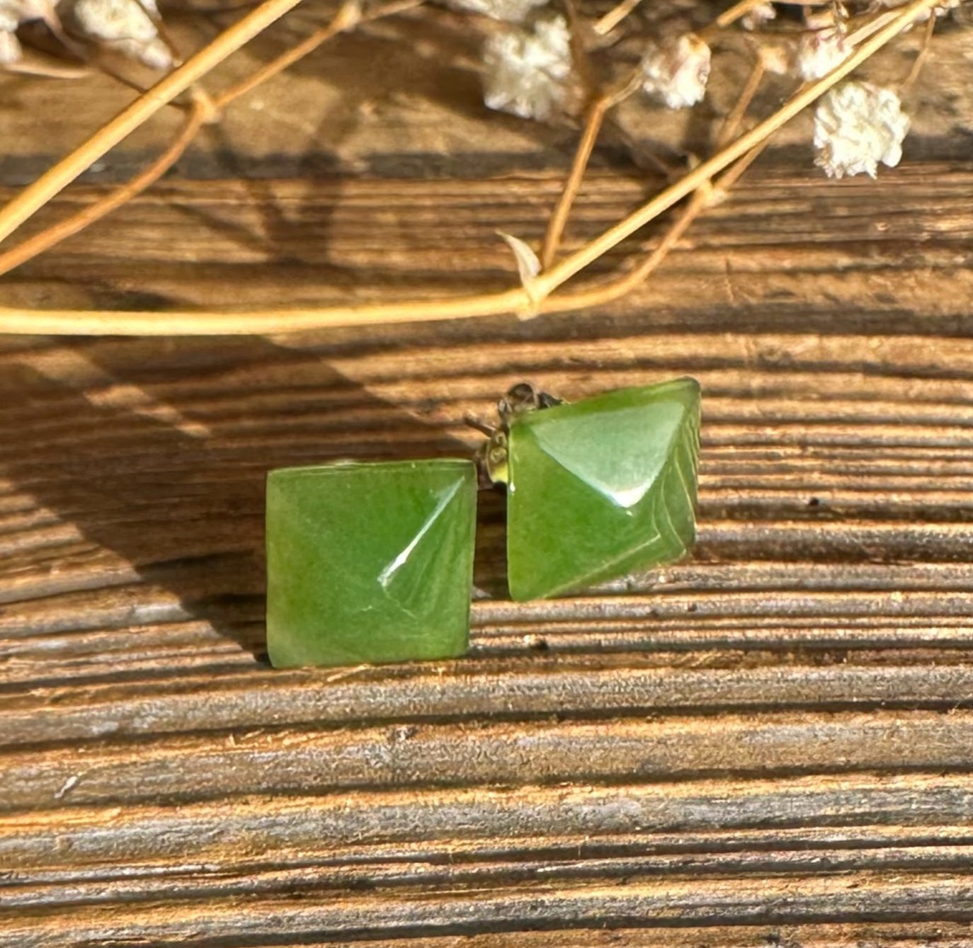 Green jade square pyramid earrings on posts