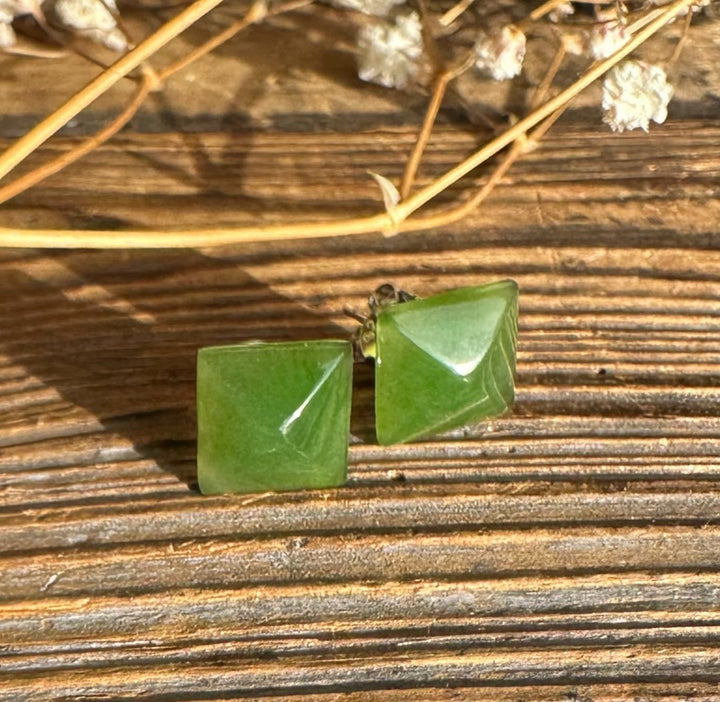 Green jade square pyramid earrings on posts
